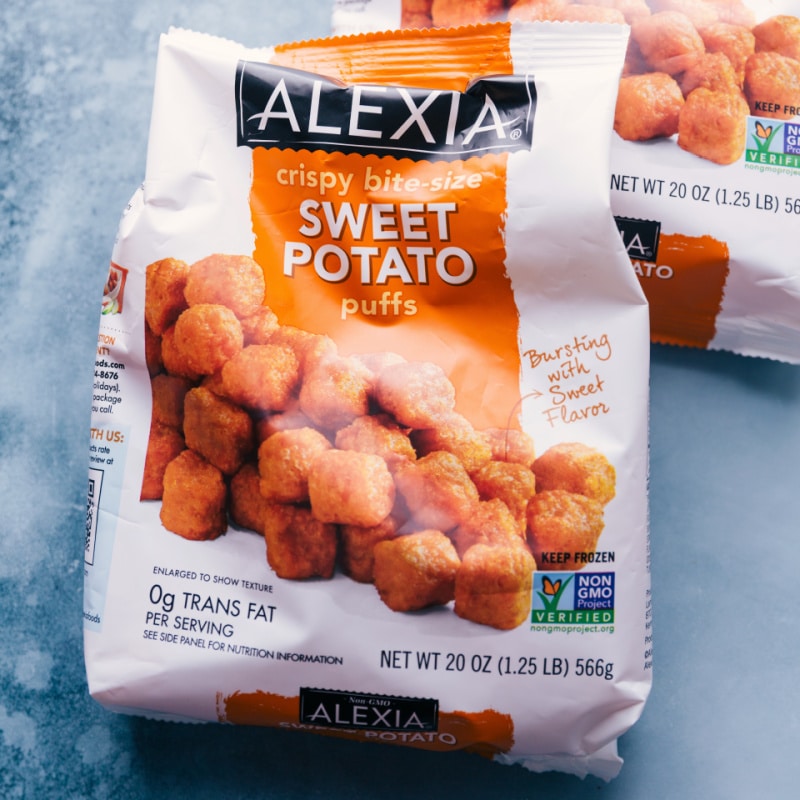 These Totchos use Tater Tots as the base and are topped with seasoned meat, crisp corn, savory black beans, and loads of melty cheese! Add your favorite nacho toppings and dig in! Recipe via ChelseasMessyApron #dinner #quick #easy #simple #best #cheese #gameday #appetizer #fresh #totchos Image of the sweet potato puffs used in this recipe