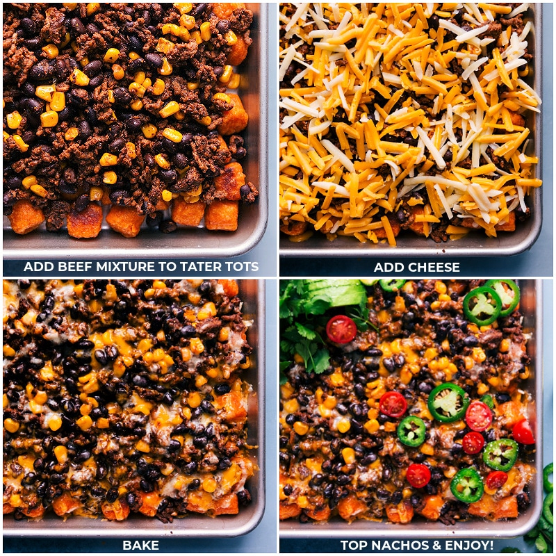 Skip the chips and make nachos with Tater Tots instead! These delicious Totchos use tater tots as the base and are topped with seasoned meat, crisp corn, savory black beans, and loads of melty cheese! Add your favorite nacho toppings and dig in! Recipe via ChelseasMessyApron #dinner #quick #easy #simple #best #cheese #gameday #appetizer #fresh #totchos Process shots of Totchos-- images of the beef mixture being added to the tots, then cheese being added and it all being roasted