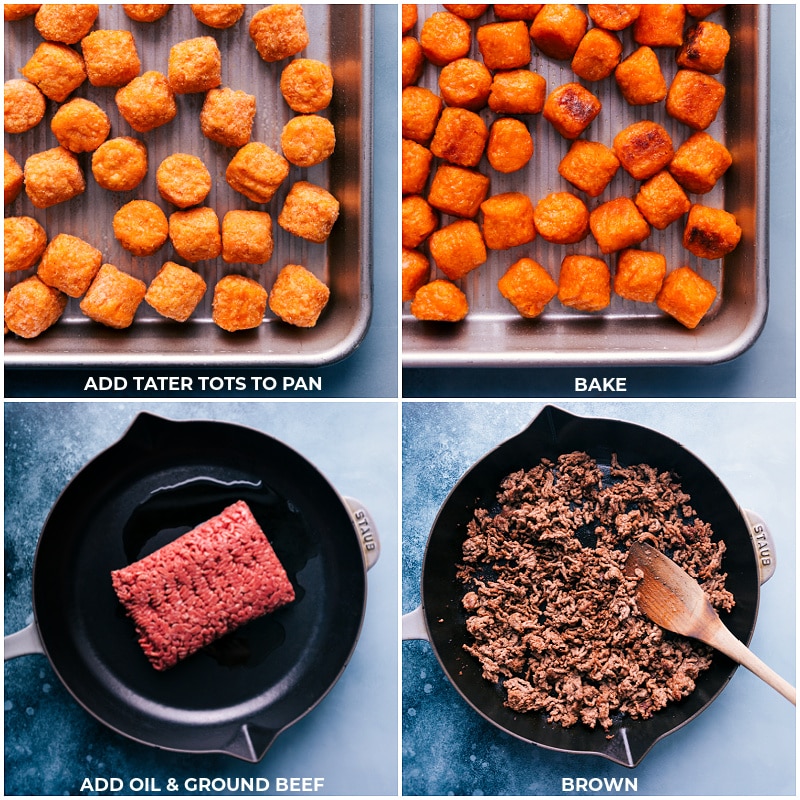 These Totchos use Tater Tots as the base and are topped with seasoned meat, crisp corn, savory black beans, and loads of melty cheese! Add your favorite nacho toppings and dig in! Recipe via ChelseasMessyApron #dinner #quick #easy #simple #best #cheese #gameday #appetizer #fresh #totchos Process shots of Totchos-- images of the Tater Tots being placed on a pan and roasting then the ground beef being browned