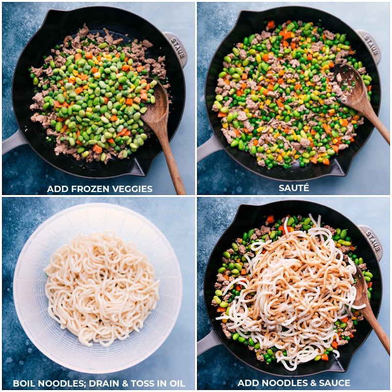 This simple Udon Stir Fry is loaded with flavor and packed with delicious ingredients. Thick and chewy udon noodles, ground meat, and loads of veggies are all tossed in an addictive stir fry sauce! Recipe via ChelseasMessyApron #dinner #quick #easy #simple #best #familyfriendly #kidfriendly #vegetables #fresh #udon #stirfry Process shots-- images of the frozen veggies being added; the noodles, and sauce