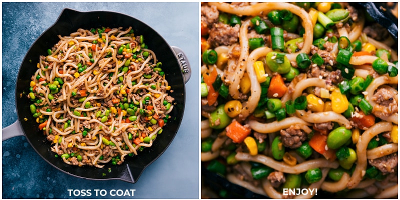 This delicious Udon Stir Fry is loaded with flavor and packed with delicious ingredients. Thick and chewy udon noodles, ground meat, and loads of veggies are all tossed in an addictive stir fry sauce! Dinner ready in 30 minutes or less and picky-eater approved! Recipe via ChelseasMessyApron #dinner #quick #easy #simple #best #familyfriendly #kidfriendly #vegetables #fresh #udon #stirfry Finishing shots of the Udon Stir Fry-- images of it all being tossed together