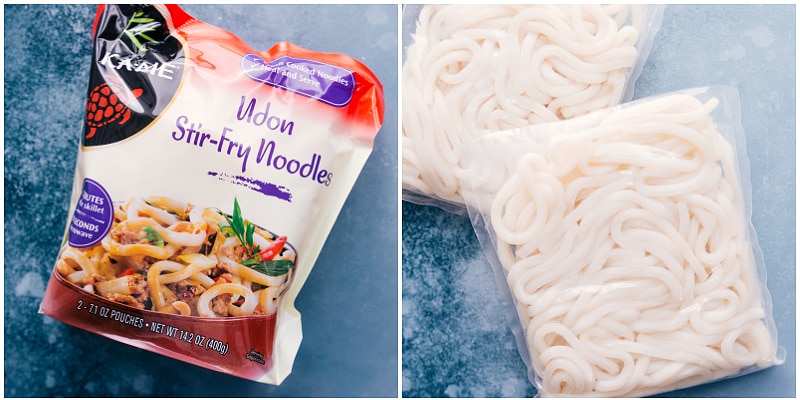 Udon Stir Fry is loaded with flavor and packed with delicious ingredients. Thick and chewy udon noodles, ground meat, and loads of veggies are all tossed in an addictive stir fry sauce! Dinner ready in 30 minutes or less and picky-eater approved! Recipe via ChelseasMessyApron #dinner #quick #easy #simple #best #familyfriendly #kidfriendly #vegetables #fresh #udon #stirfry Ingredient shot-- images of the Udon Stir Fry noodles used in this dish