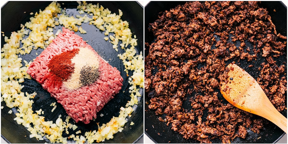 How To Make The Best Burger Bowls Ground beef being browned with onions and seasonings in a skillet.