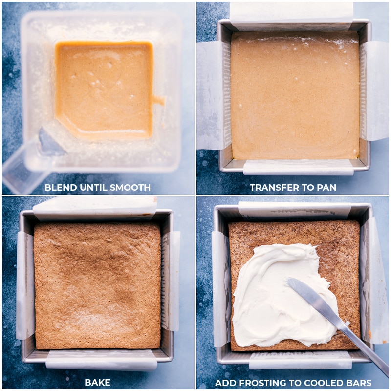 The best ever Cashew Cake made with roasted cashews and old-fashioned oats. This cake is dense, moist, and pairs perfectly with the reduced-fat cream cheese frosting -- yum! Recipe via ChelseasMessyApron #dessert #best #quick #easy #simple #treat #healthy #clean #cleaneating #familyfriendly #kidfriendly #cashew #cake Process shots-- images of the blended dough being added to the pan and it all being baked and then frosted