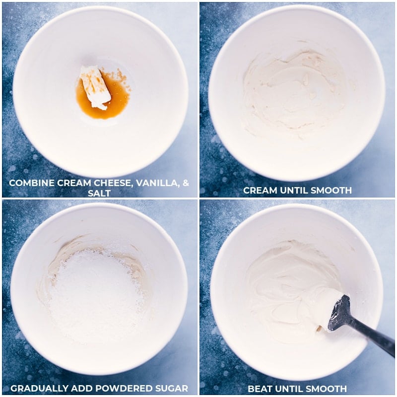 This Gluten-Free Carrot Cake is ridiculously tasty! It can be our secret this cake is actually free of refined sugars, dairy-free, gluten-free, and no flour needed. Recipe via ChelseasMessyApron #dessert #best #quick #easy #simple #treat #familyfriendly #kidfriendly #easter #glutenfree #carrotcake Process shots of Gluten-Free Carrot Cake-- images of the cream cheese, vanilla, salt, and powdered sugar being beat together for the frosting