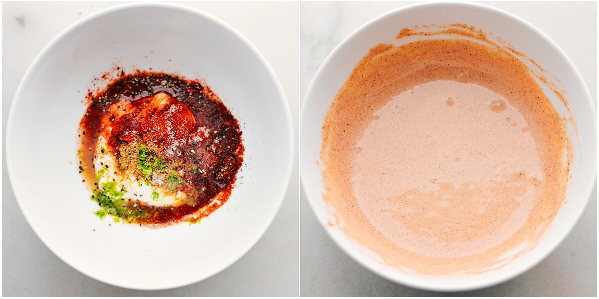 Making The Dressing For Mexican Street Corn Chicken Salad Sandwiches The dressing for this Mexican Street Corn Chicken Salad being whisked together.