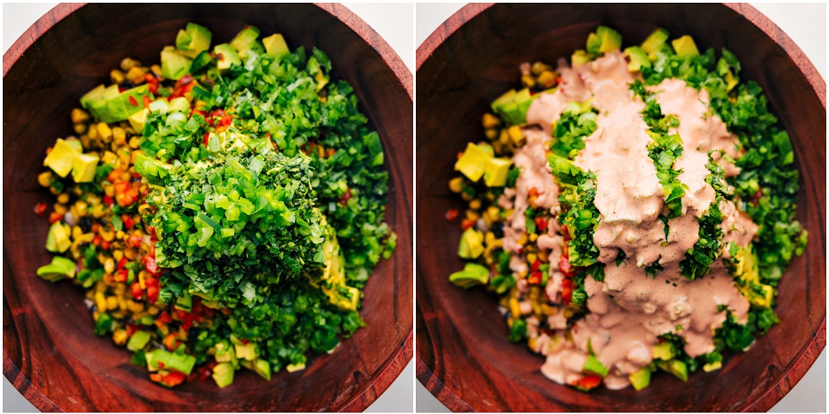 How To Make Easy And Delicious Mexican Street Corn Chicken Salad Sandwiches Combining all the ingredients and dressing in one large bowl for this recipe.