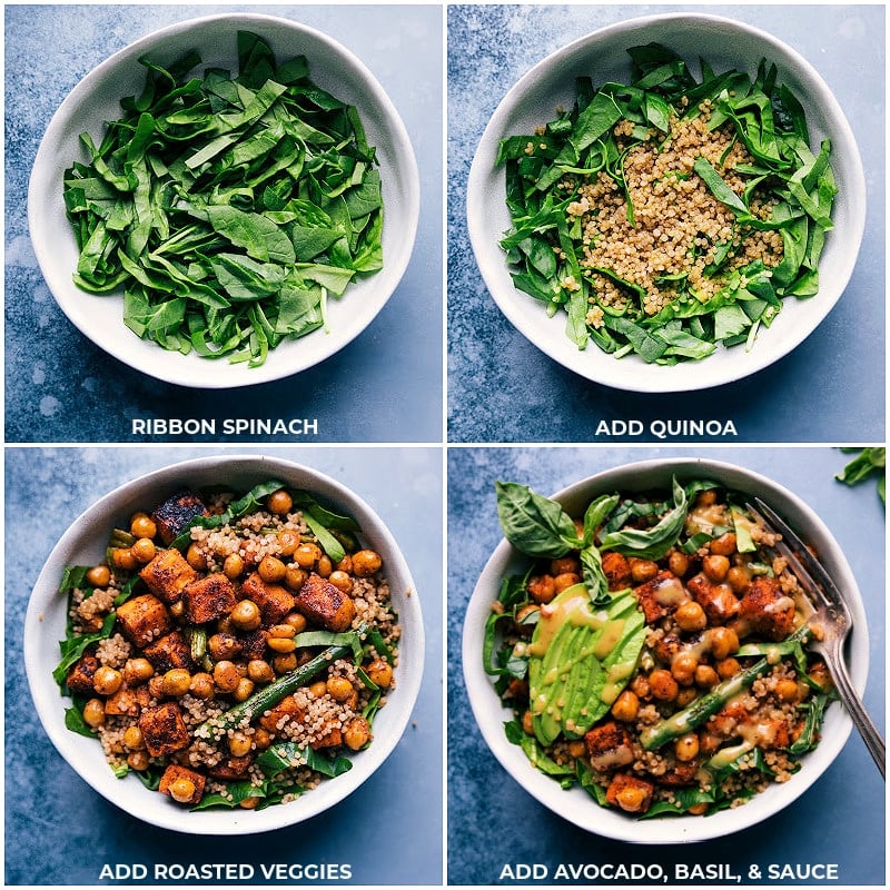 These Nourish Bowls are the best I've ever had! With hearty roasted veggies and chickpeas, vibrant greens, and the best hot honey mustard sauce -- you'll be in heaven! Recipe via ChelseasMessyApron #dinner #quick #easy #simple #best #fresh #familyfriendly #kidfriendly #cleaneating #wholefoods #nourish #bowls Process shots of Nourish Bowls-- images of the spinach, quinoa, roasted veggies, avocado, basil, and sauce to a bowl