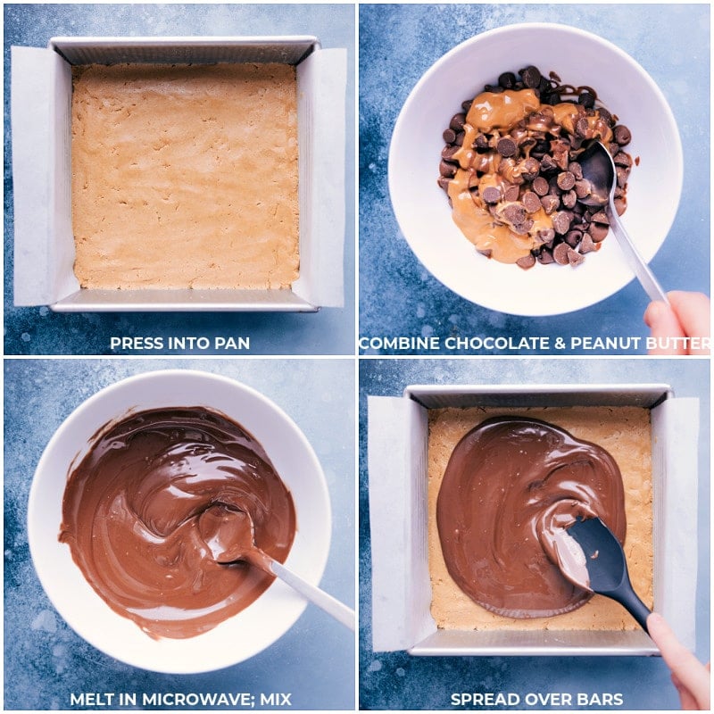 These are the easiest and tastiest Peanut Butter Bars! They start with a thick and sweet peanut butter base and get finished with a smooth chocolate topping! These bars have only seven ingredients and don't require any baking. Recipe via ChelseasMessyApron #dessert #best #quick #easy #simple #chocolate #familyfriendly #kidfriendly #peanutbutter #bars Process shots of peanut butter bars-- images of the chocolate-peanut butter layer being made and melted together and then poured over the graham cracker layer