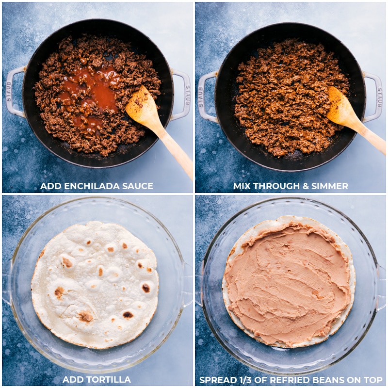This delicious Tortilla Pie layers tortillas with creamy refried beans, taco-seasoned beef, saucy salsa, and plenty of melty cheese. Layer this pie like a lasagna, bake it, and add all your favorite taco toppings! Recipe via ChelseasMessyApron #dinner #quick #easy #simple #best #familyfriendly #kidfriendly #tortilla #pie Process shots-- images of the tortilla, refried beans, and ground beef layers going on the pie