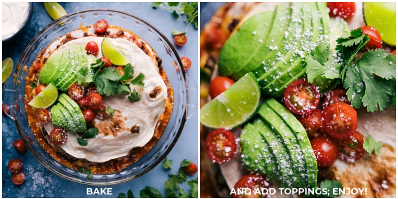 Tortilla Pie layers tortillas with creamy refried beans, taco-seasoned beef, saucy salsa, and plenty of melty cheese. Recipe via ChelseasMessyApron #dinner #quick #easy #simple #best #familyfriendly #kidfriendly #tortilla #pie Image of the dish fresh out of the oven with the optional toppings