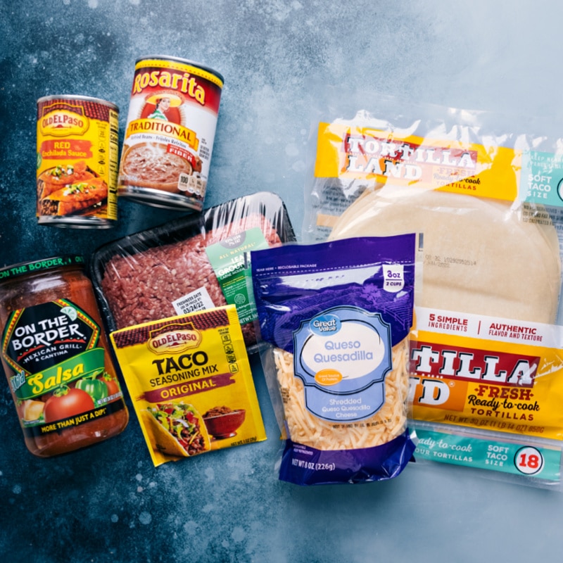 This simple Tortilla Pie layers tortillas with creamy refried beans, taco-seasoned beef, saucy salsa, and plenty of melty cheese. Recipe via ChelseasMessyApron #dinner #quick #easy #simple #best #familyfriendly #kidfriendly #tortilla #pie Ingredient shot-- image of all the ingredients used in this dish