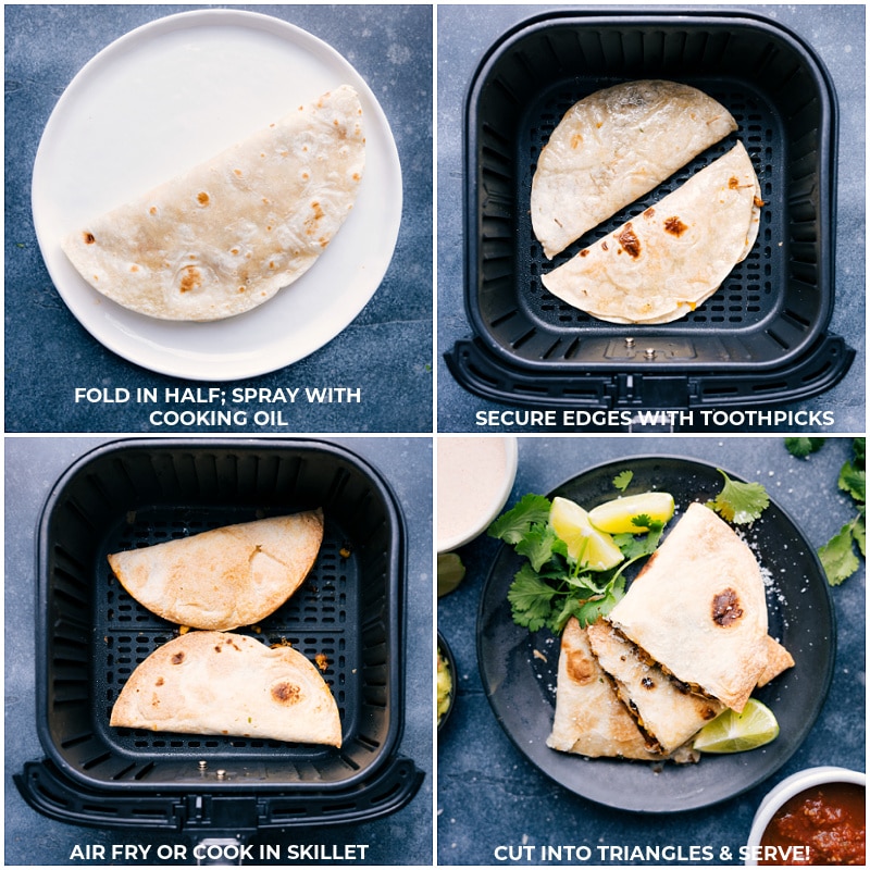 Air Fryer Black Bean Quesadillas Fold filled tortilla in half and spray with oil; secure edges with toothpicks; cook; slice into quarters.