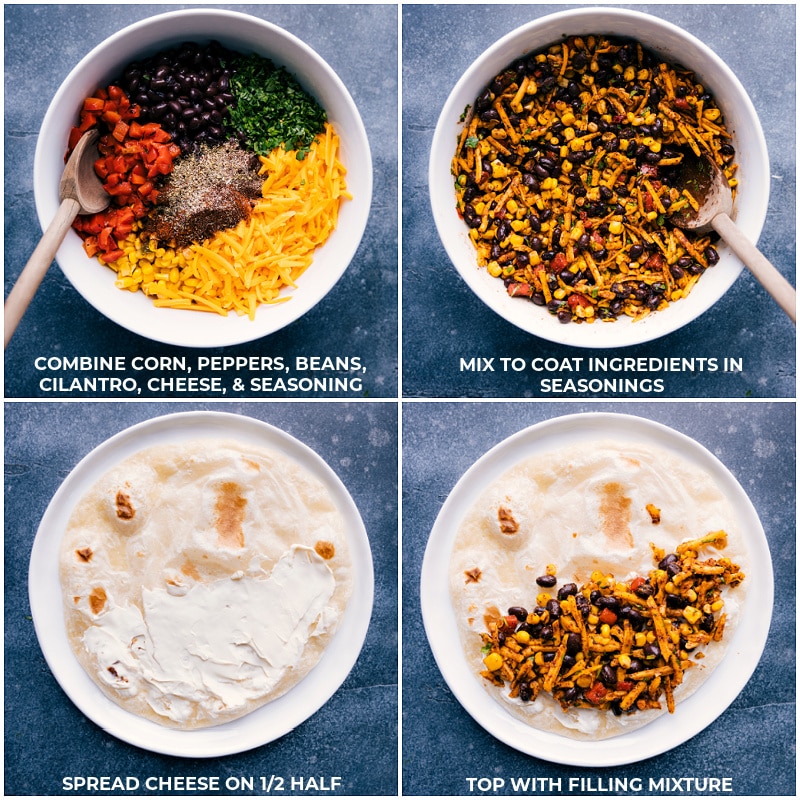 How To Make Black Bean Quesadillas Combine ingredients and mix; spread cheese on one side of the tortilla; top with the mixed ingredients for these black bean quesadillas.