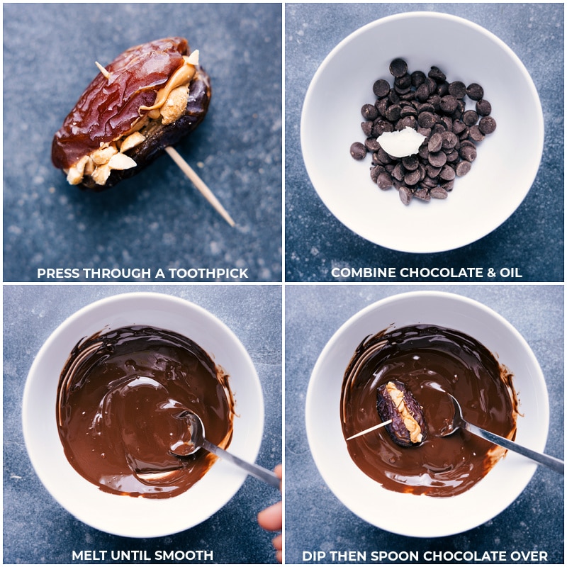 Chocolate-Covered Dates! These indulgent-tasting treats are made with wholesome ingredients and are sure to cure your sweet tooth without any sugar hangover! Recipe via ChelseasMessyApron #snack #quick #easy #yummy #fresh #cleaneating #healthy #wholefoods #peanutbutter #chocolate #covered #dates Process shots of Chocolate-Covered Dates-- images of the dates being pressed through with a toothpick then being dipped in dark chocolate
