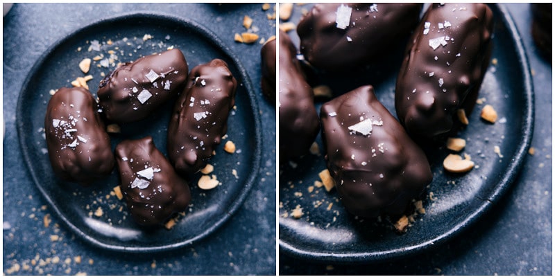 The best ever Chocolate-Covered Dates make for the best snack! These indulgent-tasting treats are made with wholesome ingredients and are sure to cure your sweet tooth without any sugar hangover! Recipe via ChelseasMessyApron #snack #quick #easy #yummy #fresh #cleaneating #healthy #wholefoods #peanutbutter #chocolate #covered #dates Overhead image of the treat on a plate