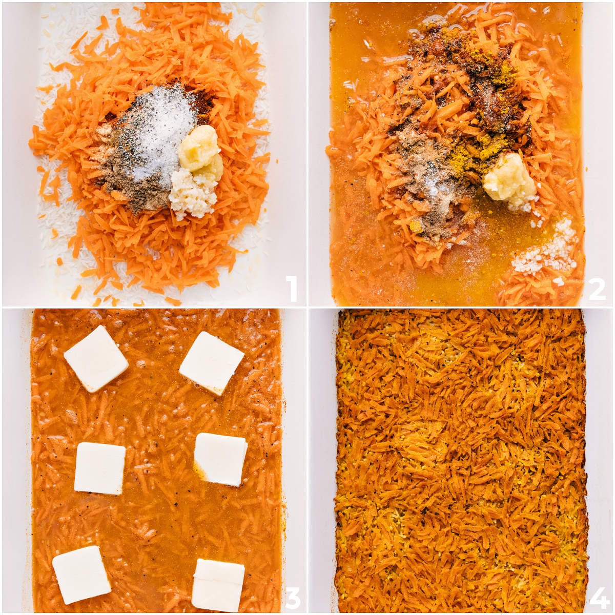 How To Make The Most Delicious, Fluffy Curry Rice Ingredients in a 9x13 baking dish being mixed together for one pan curry rice.