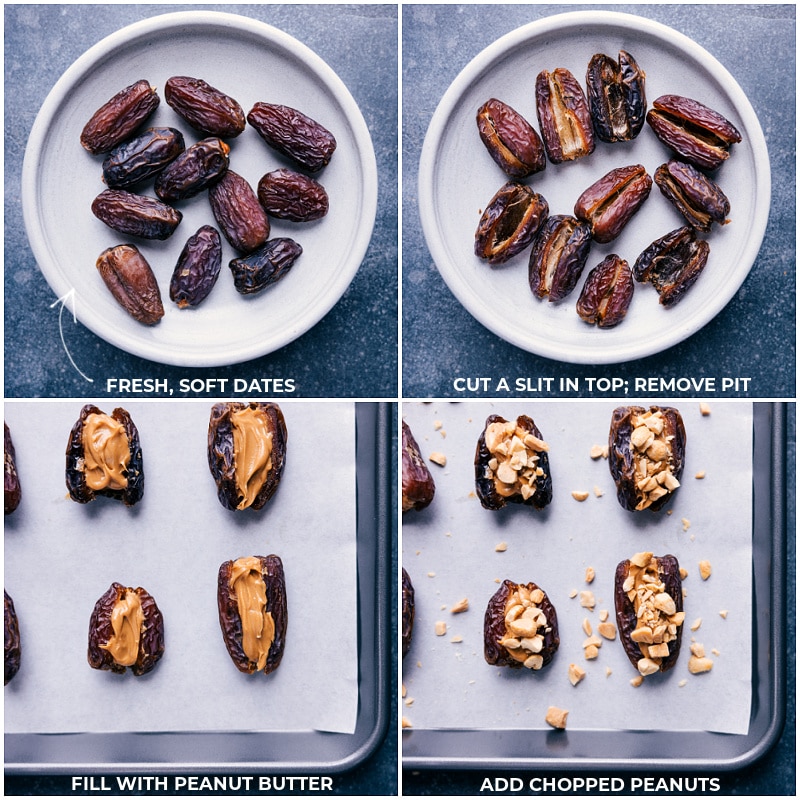 Chocolate-Covered Dates make for the best snack, treat, or dessert. Recipe via ChelseasMessyApron #snack #quick #easy #yummy #fresh #cleaneating #healthy #wholefoods #peanutbutter #chocolate #covered #dates Process shots-- images of the dates being cut open and filled with peanut butter and chopped peanuts