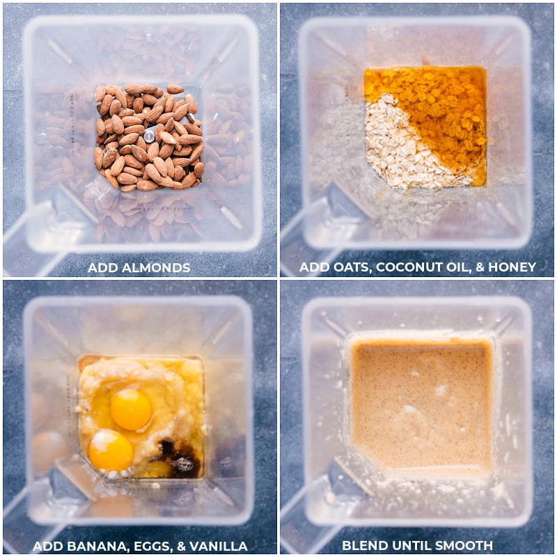 This Healthy Banana Cake Recipe is ultra moist, dense, and perfectly sweet! This cake is free of refined sugars, dairy, gluten, and flour -- but trust me, you won't be missing anything in this lush, delectable cake. Plus, we also include a recipe for an optional cream cheese frosting to top the cake with if you'd like! Recipe via ChelseasMessyApron.com #bananacake #healthy #creamcheesefrosting #almonds #nutritious #glutenfree Process shots: add ingredients to a blender and process until smooth.