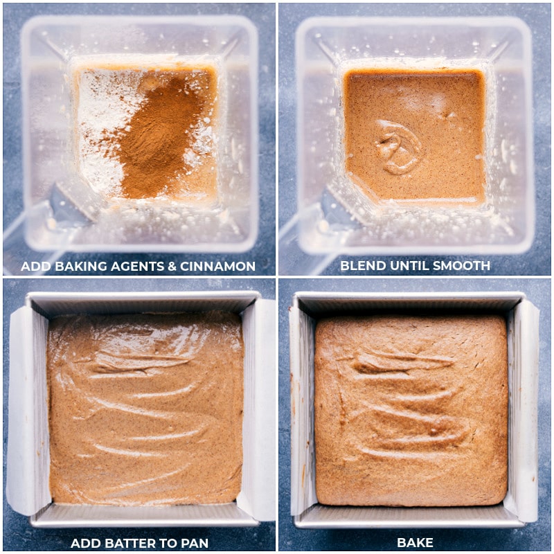 This Healthy Banana Cake Recipe is ultra moist, dense, and perfectly sweet! This cake is free of refined sugars, dairy, gluten, and flour -- but trust me, you won't be missing anything in this lush, delectable cake. Plus, we also include a recipe for an optional cream cheese frosting to top the cake with if you'd like! Recipe via ChelseasMessyApron.com #bananacake #healthy #creamcheesefrosting #almonds #nutritious #glutenfree Process shots: add baking agents and cinnamon; blend until smooth; add batter to the pan and bake.