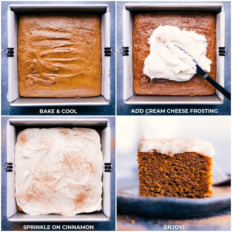 Our favorite Healthy Pumpkin Cake delivers an explosion of flavor, offers the perfect moist texture, and it couldn't be easier to make -- we throw everything into a blender and give it a whirl! Pour the batter into a pan, bake, and be prepared to enjoy this tasty seasonal treat. This cake (without the frosting) is naturally gluten-free, dairy-free, and refined sugar-free. Recipe via ChelseasMessyApron #dessert #best #quick #easy #simple #clean #cleaneating #familyfriendly #kidfriendly #healthy #pumpkin #cake Process shots-- images of the cake cooling then the frosting being added