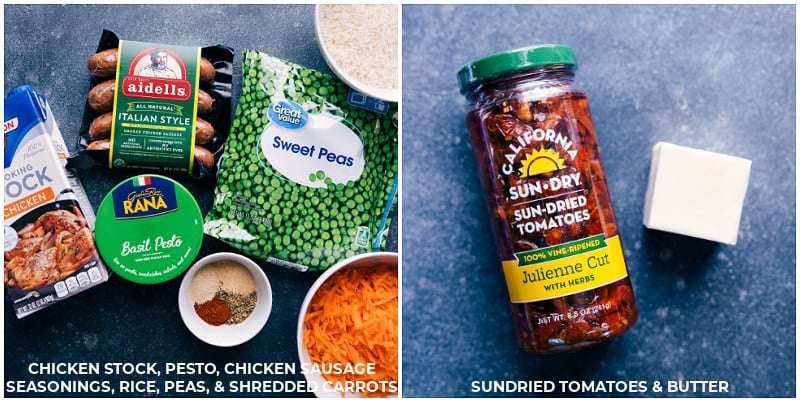 This ONE-PAN Pesto Rice is a whole meal in one! We combine smoked chicken sausage with perfectly tender rice, loads of veggies, and finish it off with a basil-pesto sauce. Everything bakes together in one pan (yes, even uncooked rice!) and requires very little hands-on work. Recipe via ChelseasMessyApron.com #pestorice #pesto #backtoschool #sausage #onepanmeal #dinnertime #kidfriendly #basil Ingredient shots: all the ingredients needed for Pesto Rice.