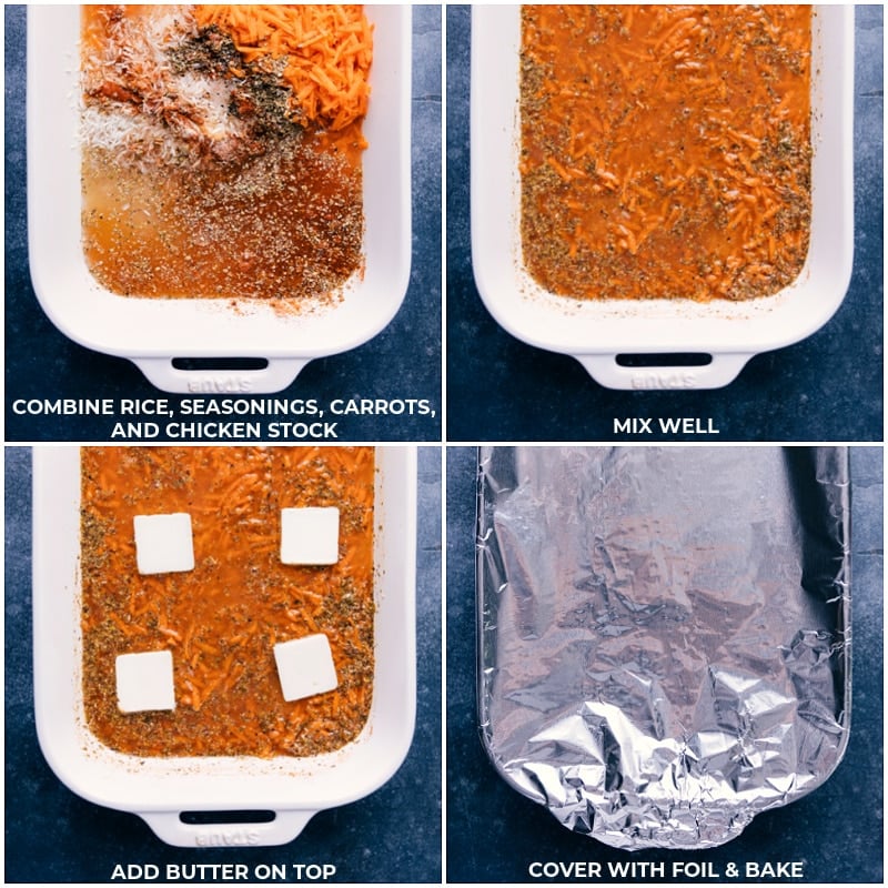 This ONE-PAN Pesto Rice is a whole meal in one! We combine smoked chicken sausage with perfectly tender rice, loads of veggies, and finish it off with a basil-pesto sauce. Everything bakes together in one pan (yes, even uncooked rice!) and requires very little hands-on work. Recipe via ChelseasMessyApron.com #pestorice #pesto #backtoschool #sausage #onepanmeal #dinnertime #kidfriendly #basil Process shots: combine ingredients; mix well; add butter on top; cover and bake.