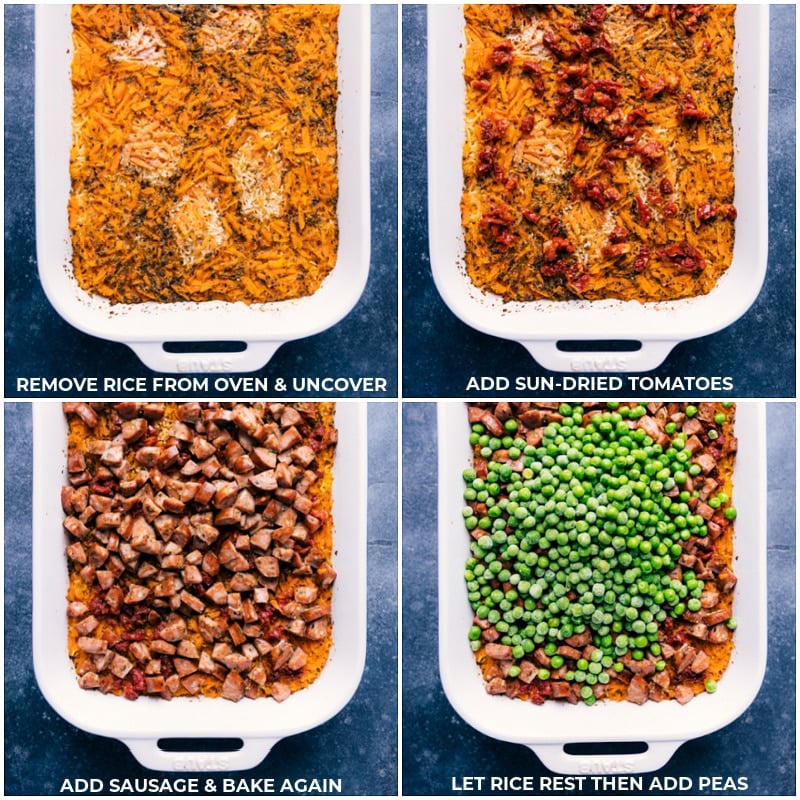 This ONE-PAN Pesto Rice is a whole meal in one! We combine smoked chicken sausage with perfectly tender rice, loads of veggies, and finish it off with a basil-pesto sauce. Everything bakes together in one pan (yes, even uncooked rice!) and requires very little hands-on work. Recipe via ChelseasMessyApron.com #pestorice #pesto #backtoschool #sausage #onepanmeal #dinnertime #kidfriendly #basil Process shots: remove rice from oven; add sun-dried tomatoes and sausage; bake again; let rice rest and add peas.