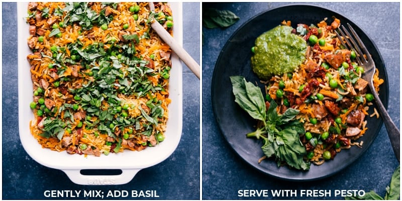 This ONE-PAN Pesto Rice is a whole meal in one! We combine smoked chicken sausage with perfectly tender rice, loads of veggies, and finish it off with a basil-pesto sauce. Everything bakes together in one pan (yes, even uncooked rice!) and requires very little hands-on work. Recipe via ChelseasMessyApron.com #pestorice #pesto #backtoschool #sausage #onepanmeal #dinnertime #kidfriendly #basil Process shots: mix in basil; serve with fresh pesto.