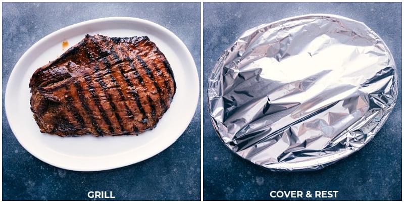 This Pineapple Steak is an explosion of flavor! Recipe via ChelseasMessyApron #dinner #quick #easy #simple #best #fresh #clean #cleaneating #whole30 #keto #lowcarb #pineapple #chicken Process shots of pineapple chicken-- images of the steak being grilled and covered to rest