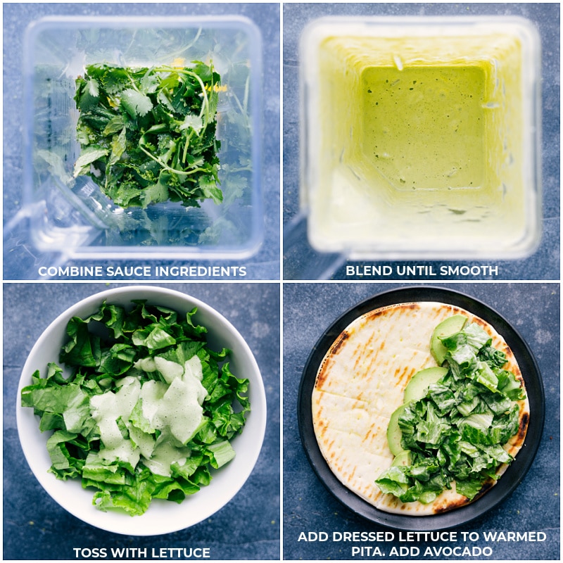 The best Vegetarian Tikka Masala Wraps start with soft, warmed pita that gets loaded with Indian-spiced chickpeas, crunchy veggies, and the best cilantro-mint sauce.ย Recipe via ChelseasMessyApron #dinner #quick #easy #healthy #whole #wholeingredients #clean #cleaneating #tikka #masala #wraps Process shots of Tikka Masala Wraps-- making the sauce