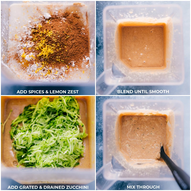 Zucchini Cake complete with a dreamy cream cheese frosting. And no one will be the wiser that this cake is actually made without any flour, refined sugars, or dairy -- yes, really! Recipe via ChelseasMessyApron #dessert #best #quick #easy #simple #treat #cleaneating #nosugar #toddlertreats #kidfriendly #familyfriendly #zucchini #cake Process shots of Zucchini Cake-- images of the spices, lemon zest, and grated zucchini being added to the blender and all being blended together