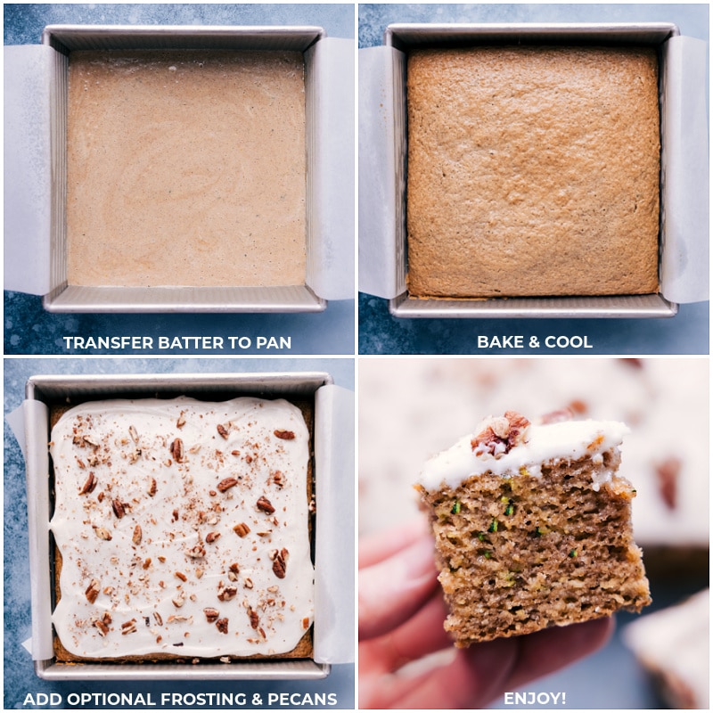 Our favorite Zucchini Cake complete with a dreamy cream cheese frosting. And no one will be the wiser that this cake is actually made without any flour, refined sugars, or dairy -- yes, really! Recipe via ChelseasMessyApron #dessert #best #quick #easy #simple #treat #cleaneating #nosugar #toddlertreats #kidfriendly #familyfriendly #zucchini #cake Process shots-- images of the batter being filled into the pan and then it all being frosted