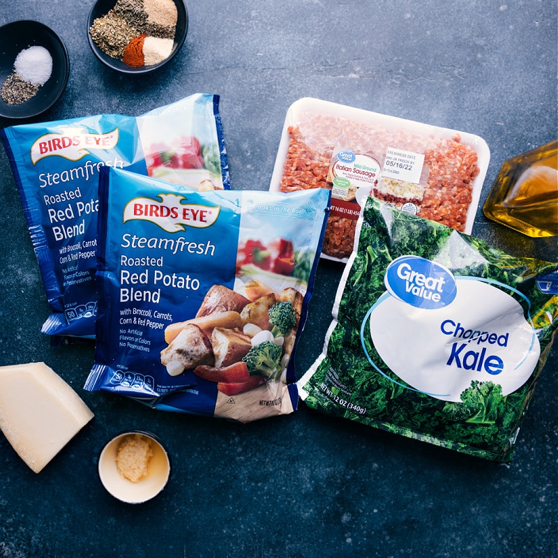 This Sausage And Veggie Skillet is unbelievably easy (thanks to frozen veggies) while being loaded with flavor (thanks to an incredible spice blend)! Recipe via ChelseasMessyApron.com #sausageskillet #quickeasy #backtoschool #lifesaver #veggies Ingredients shot: image of the items used in this recipe