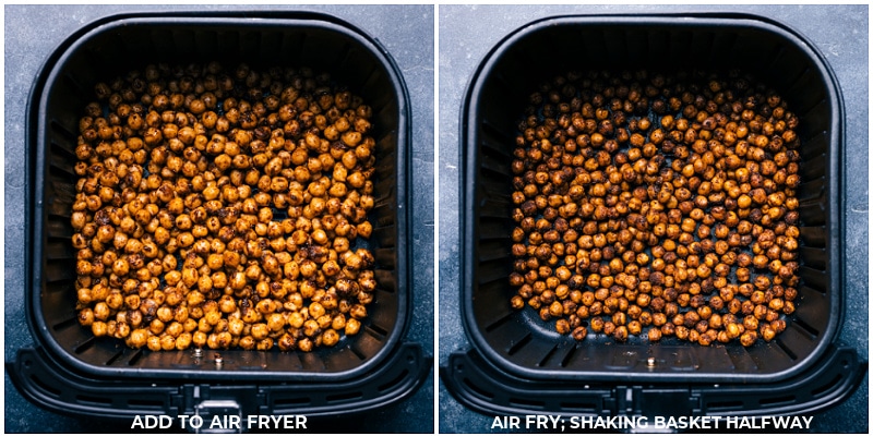 These delicious Air Fryer Chickpeas are abundantly seasoned with a delicious savory flavor! They're quick to prep and crisp up beautifully in the Air Fryer. Recipe via ChelseasMessyApron #sidedish #best #quick #easy #simple #snacks #paleo #glutenfree #dairyfree #familyfriendly #airfryer #chickpeas Process shots-- images of the chickpeas being placed in the air fryer and frying