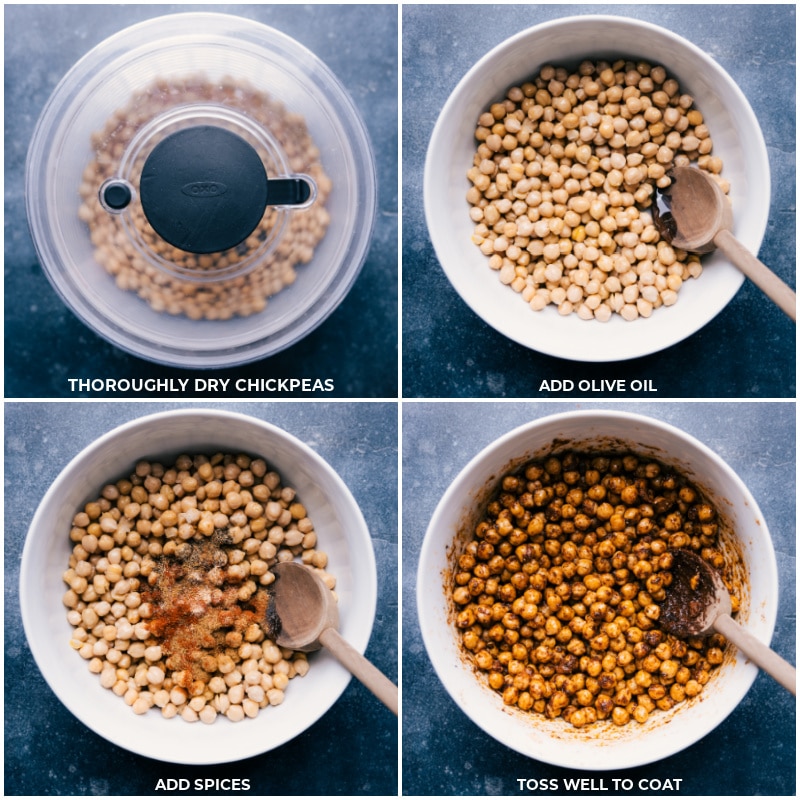 Air Fryer Chickpeas are abundantly seasoned with a delicious savory flavor! They're quick to prep and crisp up beautifully in the Air Fryer. Recipe via ChelseasMessyApron #sidedish #best #quick #easy #simple #snacks #paleo #glutenfree #dairyfree #familyfriendly #airfryer #chickpeas Process shots of Air Dryer Xhickpeas-- images of the chickpeas being dried and then the seasonings and oil being added to the bowl and it all being mixed together