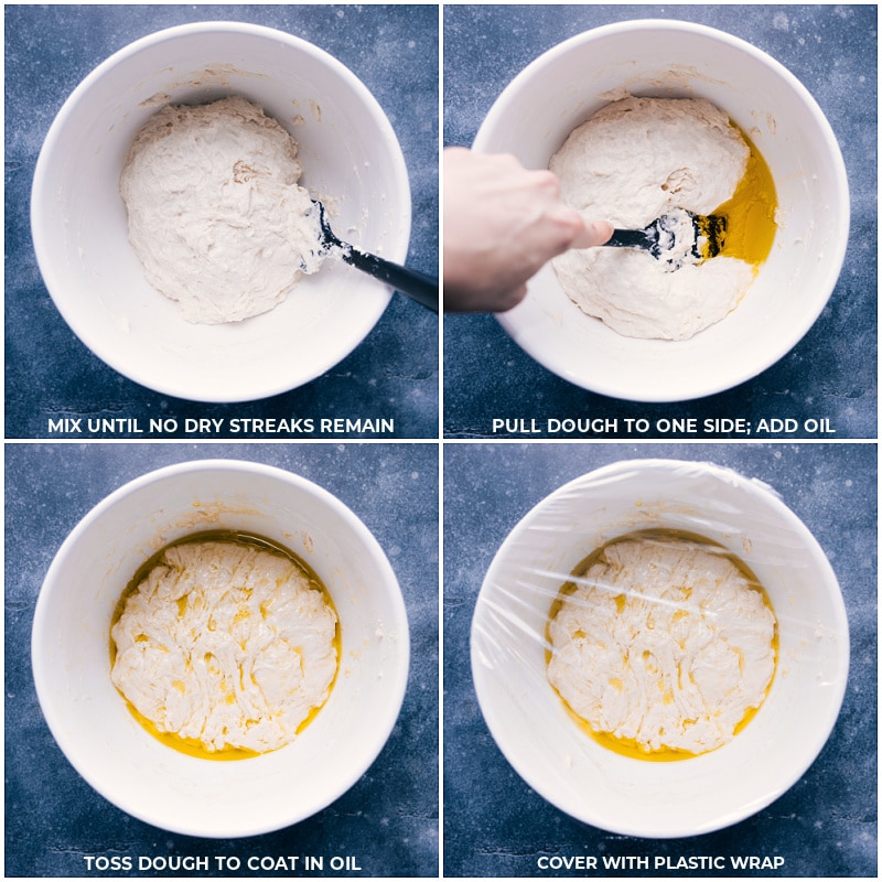 How To Make Focaccia The dough is mixed together, oil is added, and then it is covered with plastic wrap.