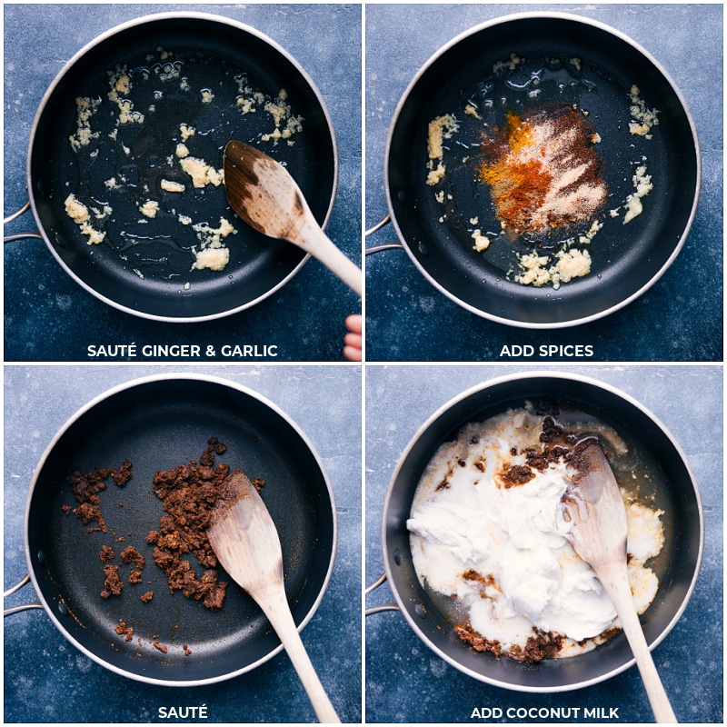 This simple and flavorful Garam Masala Chicken can be ready in 20 minutes or less. We combine chicken, peas, and carrots in a blend of spectacular spices and coconut milk. Recipe via ChelseasMessyApron.com #indian #garammasala #chicken #withrice #naan #coconutmilk #backtoschool Process shots: sautรฉ ginger and garlic; add spices; continue to sautรฉ; add in coconut milk