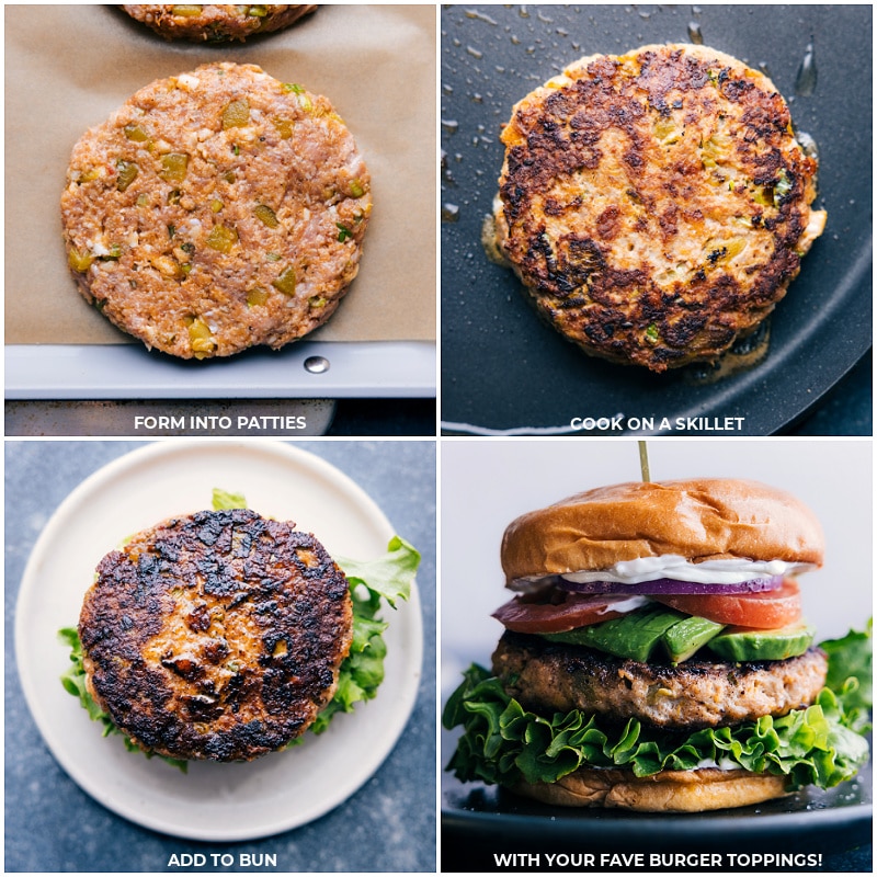 We love a good turkey burger, but we love these Green Chile Turkey Burgers even more! They're loaded with fire-roasted green chiles, the perfect amount of seasonings, and pepper Jack cheese -- delish! Recipe via ChelseasMessyApron.com #burgers #turkeyburgers #groundturkey #greenchiles #pepperjack #panko #grilling #healthy Process shots: form the mixture into patties; cook on a skillet; place on a bun and add toppings.