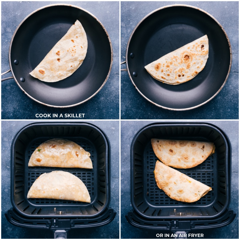 These Ground Beef Quesadillas are an explosion of flavor! From the perfectly seasoned ground beef dotted with crisp corn and a sweet bell pepper to the gooey, melted cheese and finally to the crisp tortillas! Recipe via ChelseasMessyApron #dinner #quick #easy #simple #healthy #lunch #cheese #familyfriendly #kidfriendly #corn #groundbeef #quesadilla Process shots-- images of the quesadilla being cooked in a skillet and in an air fryer