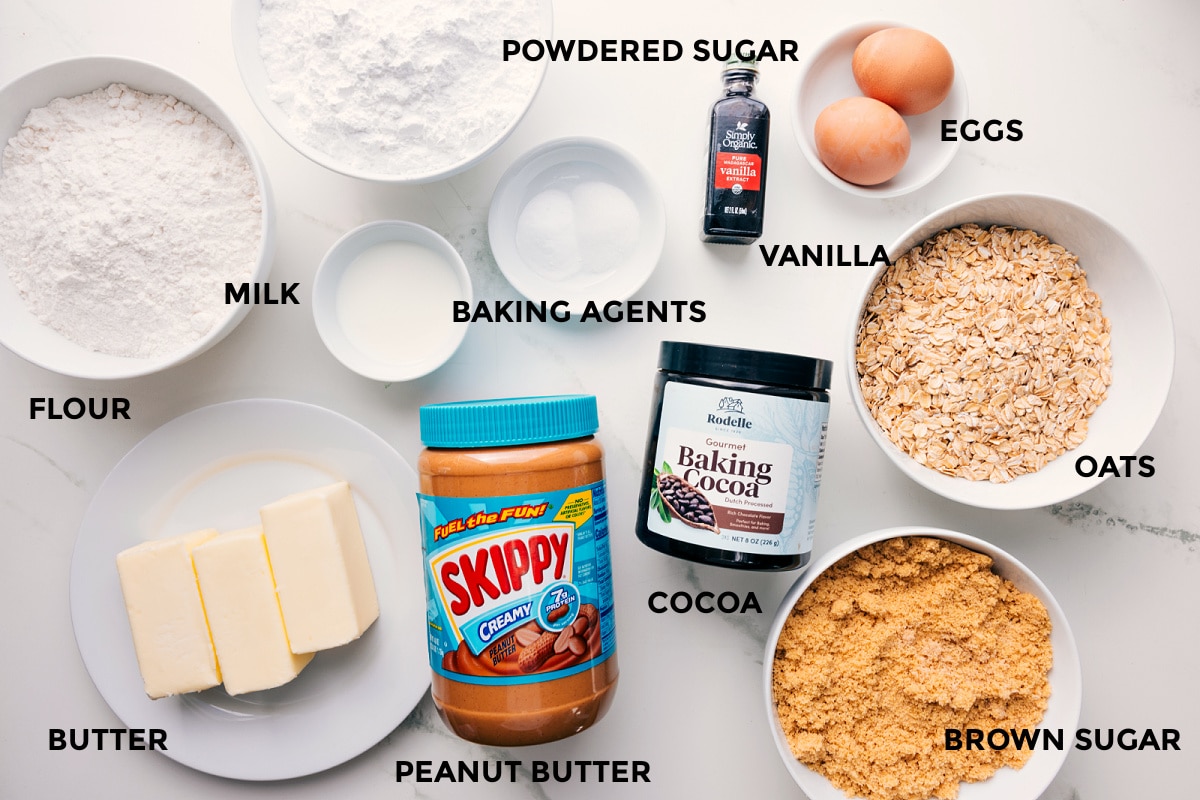 Ingredients In Lunch Lady Bars All the ingredients in this recipe prepped out for easy assembly including the flour, milk, butter, peanut butter, baking agents, vanilla, powdered sugar, eggs, oats, brown sugar, and cocoa.