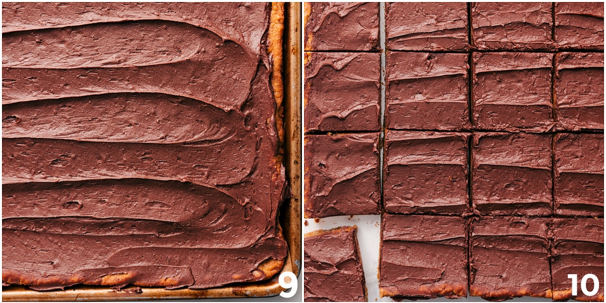 Chocolate Frosting Topped Lunch Lady Bars The chocolate frosting being spread on top of the lunch lady bars.