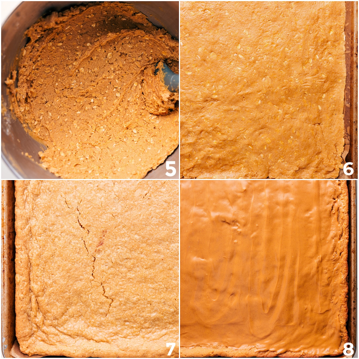 Baking Up Lunch Lady Bars The batter being spread into a pan and baked then peanut butter being spread on top.