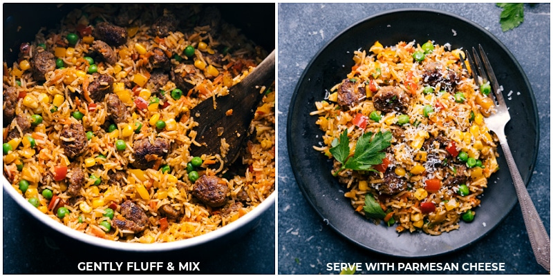 This One Pot Meatballs and Rice is downright delicious! Recipe via ChelseasMessyApron #dinner #quick #easy #comfortfood #familyfriendly #kidfriendly #meatballs #rice Process shots-- images of the dish being fluffed and finished to be served