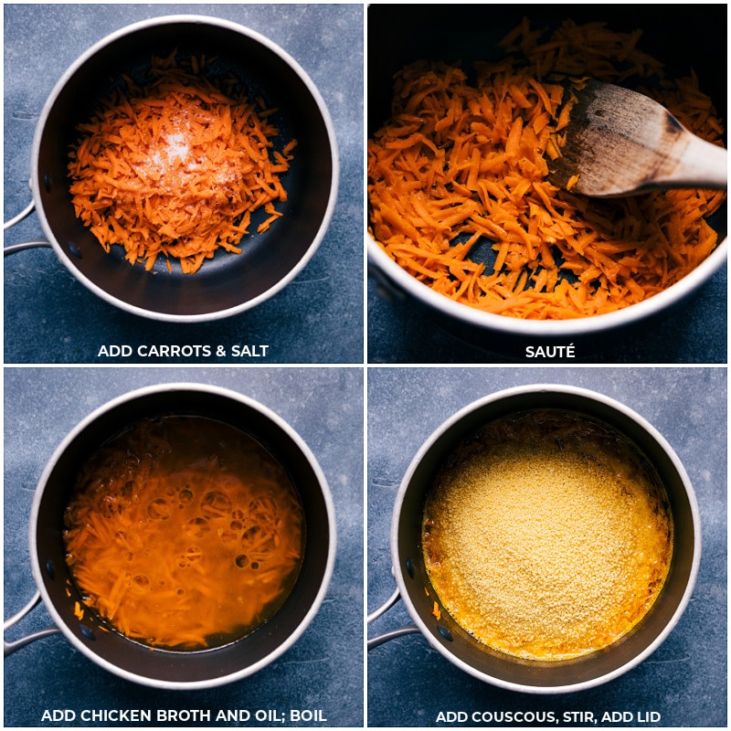 This dish has it all -- robustly seasonedย Moroccan Chicken atop a veggie-packed couscous with an apricot finishing sauce! Recipe via ChelseasMessyApron #dinner #quick #easy #simple #best #fresh #cleaneating #mealprep #grilling #grilled #moroccan #chicken Process shots of couscous being made-- images of the carrots, salt, chicken broth, oil, and couscous being added and mixed together