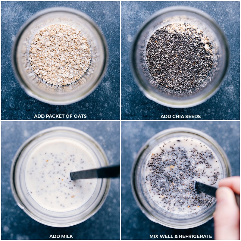 The easiest ever Overnight Oats With Chia Seeds -- only three ingredients and a couple minutes of prep time for a filling and nutritious breakfast! Recipe via ChelseasMessyApron.com #overnightoats #oats #healthy #breakfast #quick #yummy #chiaseeds #chia #vegetarian Process shots: Combine oats, chia seeds and milk; refrigerate.