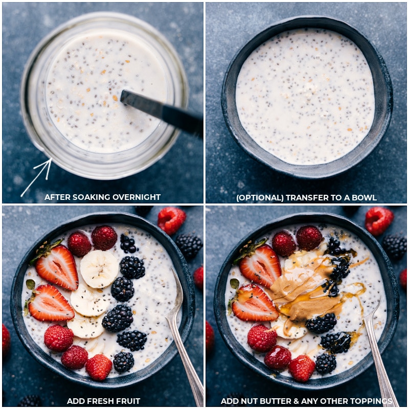 The easiest ever Overnight Oats With Chia Seeds -- only three ingredients and a couple minutes of prep time for a filling and nutritious breakfast! Recipe via ChelseasMessyApron.com #overnightoats #oats #healthy #breakfast #quick #yummy #chiaseeds #chia #vegetarian Process shots: After soaking, the mixture is thick; transfer to a bowl; add fresh fruit; add nut butter and other toppings.