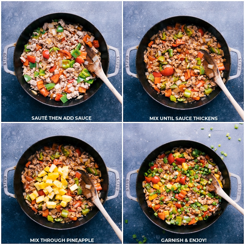 Our favorite Sweet and Sour Chicken Stir-Fry combines veggies, pineapple, ground chicken, and an irresistible sauce. This simple-to-make weeknight dinner will be a hit with everyone! Recipe via chelseasmessyapron #dinner #quick #easy #simple #best #familyfriendly #kidfriendly #veggies #sweetandsour #chicken #stirfry Process shots-- images of the sauce being sautรฉed and the pineapple being added