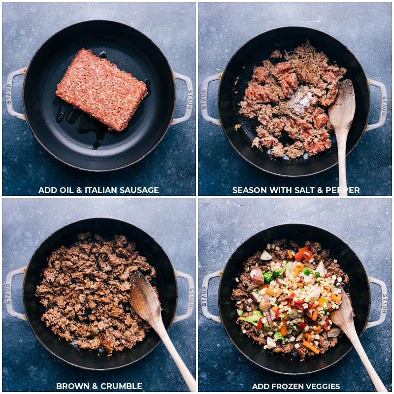 This Sausage And Veggie Skillet is unbelievably easy (thanks to frozen veggies) while being loaded with flavor (thanks to an incredible spice blend)! Recipe via ChelseasMessyApron.com #sausageskillet #quickeasy #backtoschool #lifesaver #veggies Process shots: brown the Italian sausage and season with salt and pepper: add in veggies.