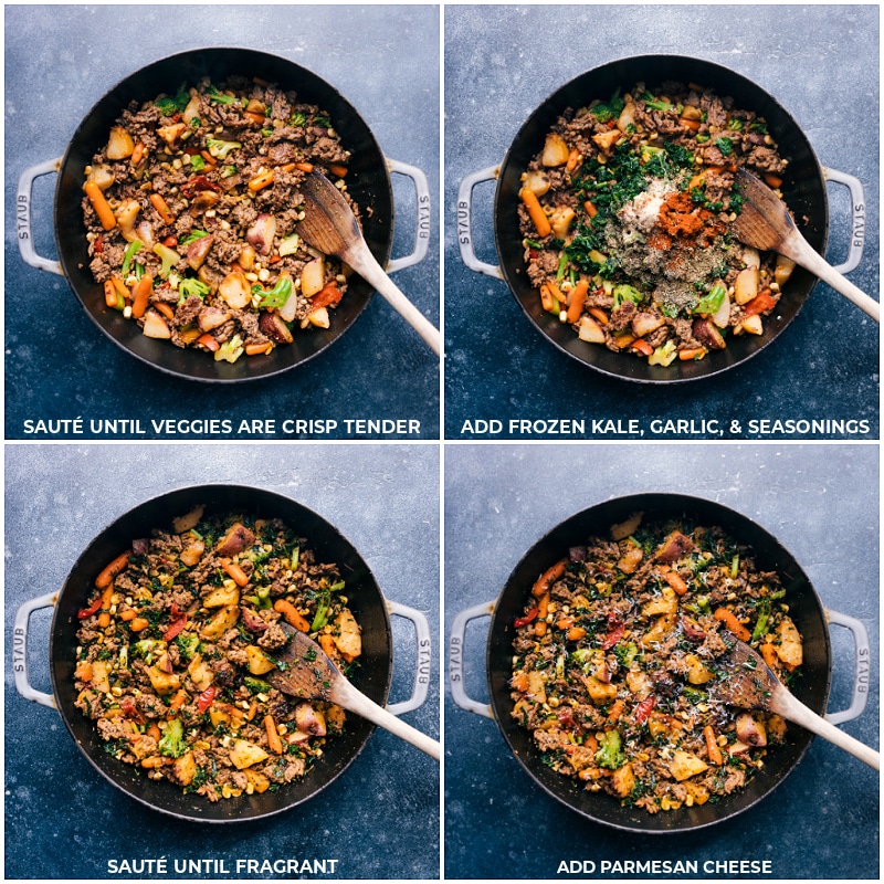 This Sausage And Veggie Skillet is unbelievably easy (thanks to frozen veggies) while being loaded with flavor (thanks to an incredible spice blend)! Recipe via ChelseasMessyApron.com #sausageskillet #quickeasy #backtoschool #lifesaver #veggies Process shots of sausage and veggie skillet: sautรฉ the veggies; add kale, garlic and seasonings; continue cooking; stir in Parmesan at the end.